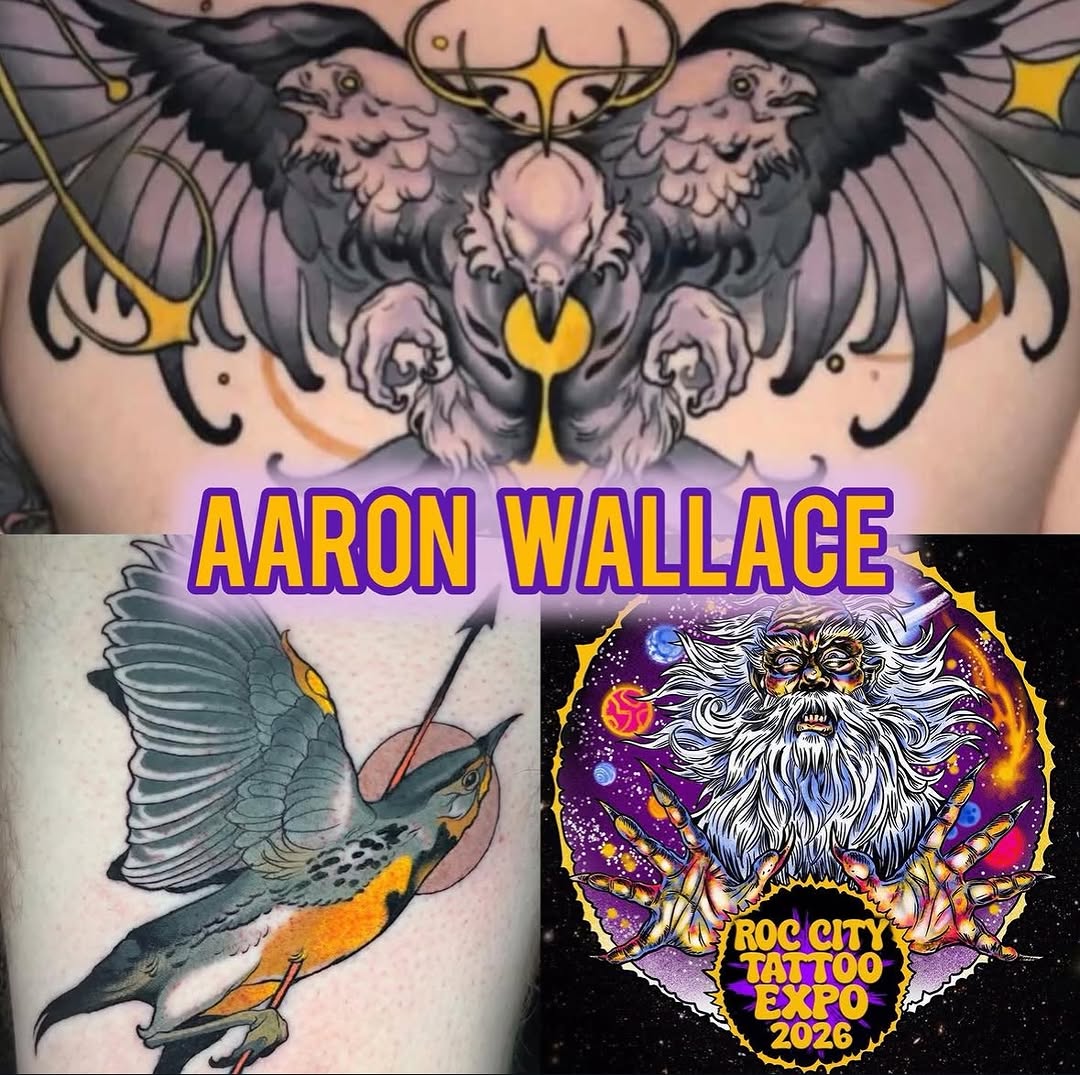 Chest tattoo portfolio by Aaron Wallace featuring winged mythological creatures and a bearded wizard figure in purple and yellow tones, displayed at Roc City Tattoo Expo 2026.