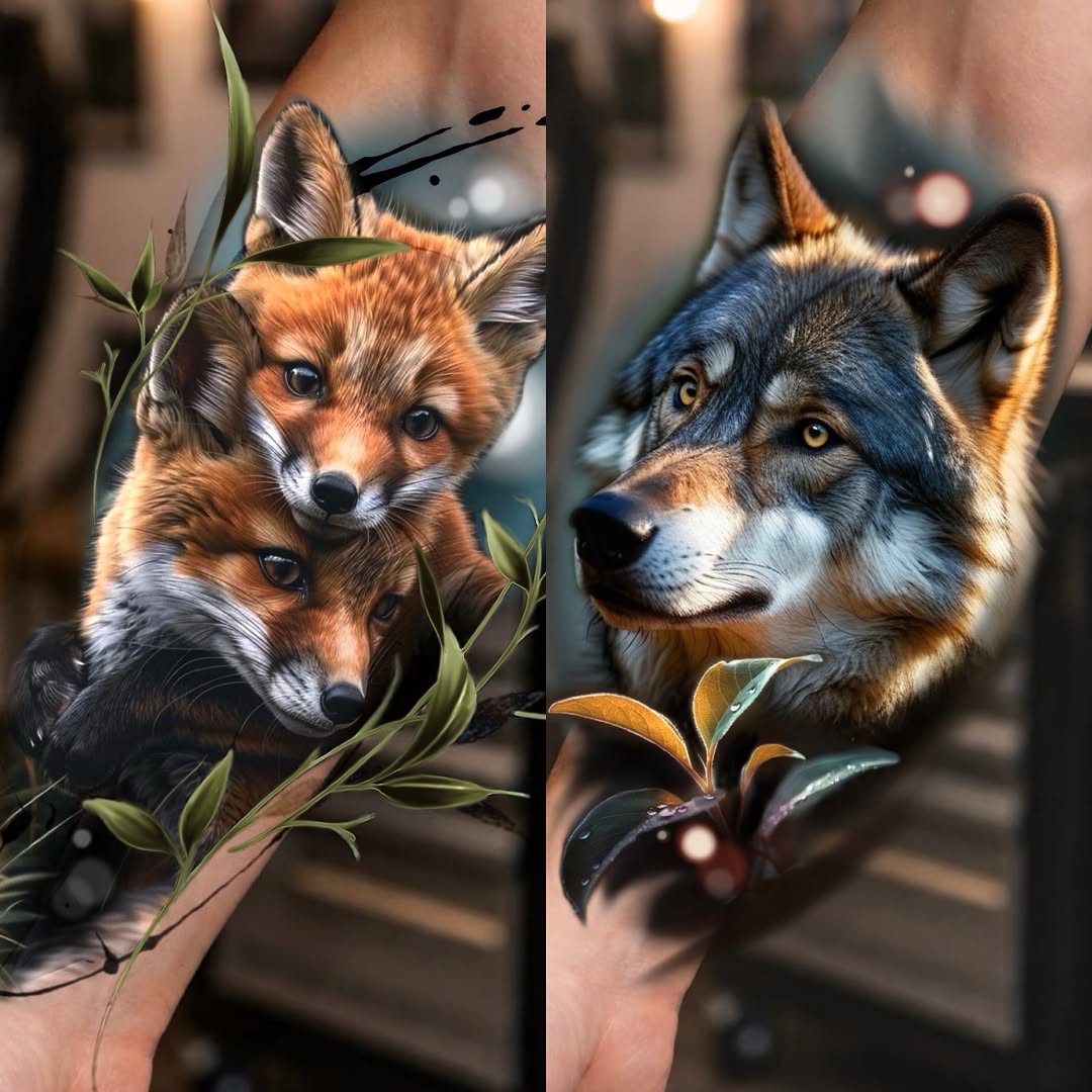 Two canine portrait tattoos on forearm showing a fox and wolf with green foliage, rendered in orange, brown, black and grey tones.