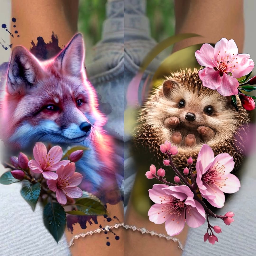 Two colorful animal tattoos on forearms: a neon pink and blue fox with flowers on the left, a smiling hedgehog with pink blossoms on the right.
