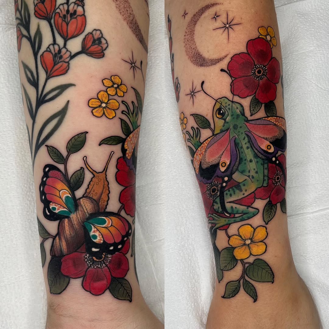Two forearm tattoos featuring colorful flowers, butterflies, a grasshopper, a crescent moon, and stars in red, orange, yellow, and green.