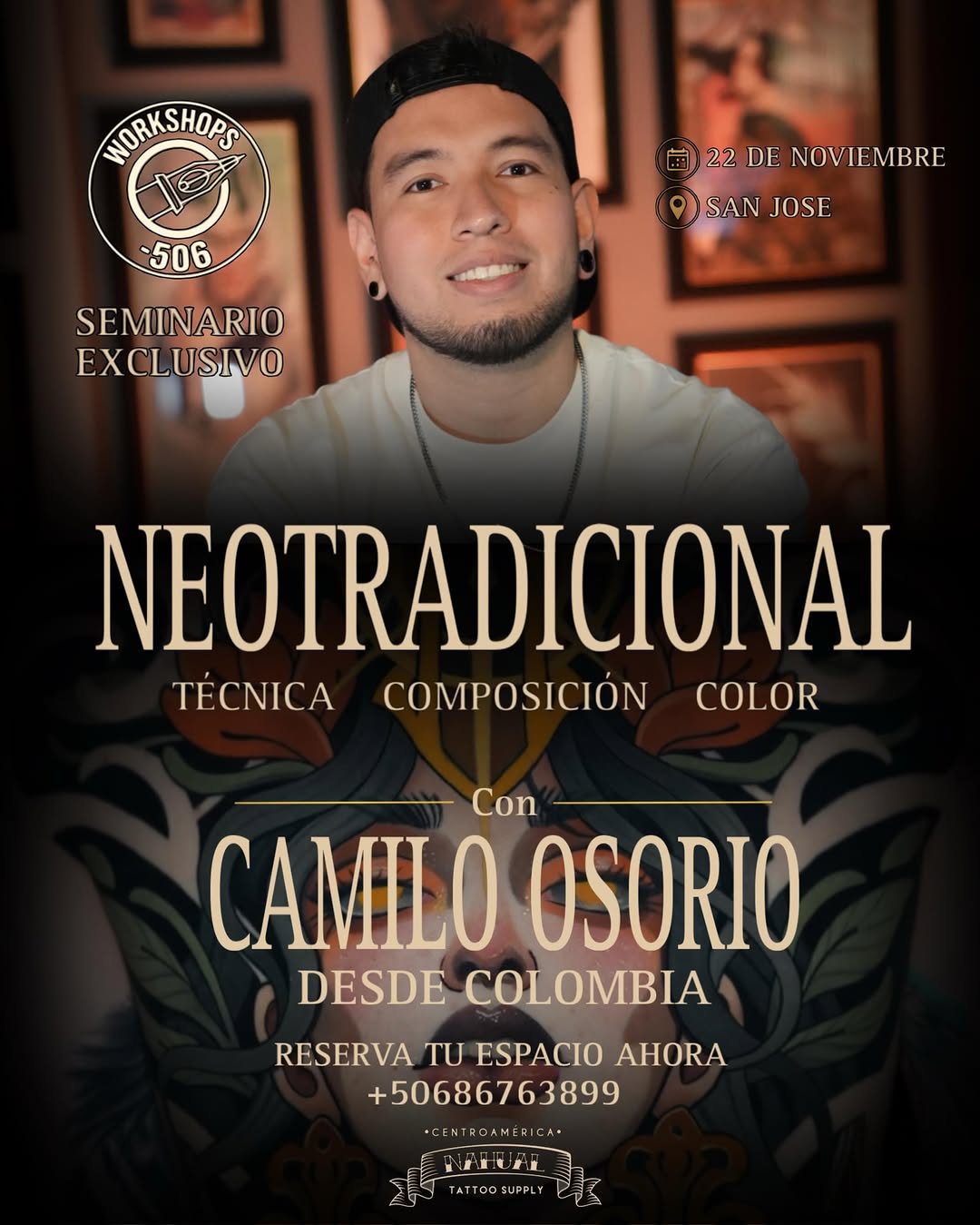 Promotional poster for a tattoo seminar featuring a man with colorful sleeve tattoos on both arms, dated November 22 in San Jose.
