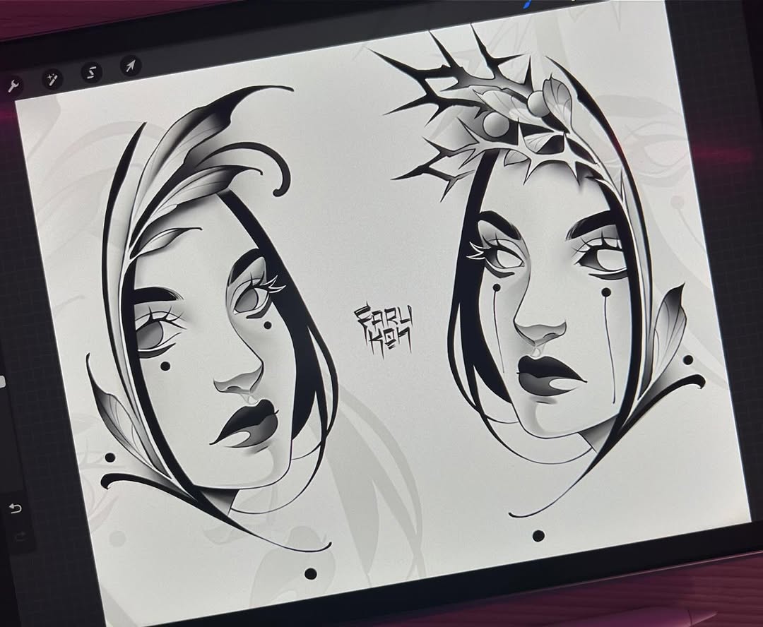 Two female faces with closed eyes, thorny crowns, and flowing hair rendered in black ink with dot accents and shading on white paper.