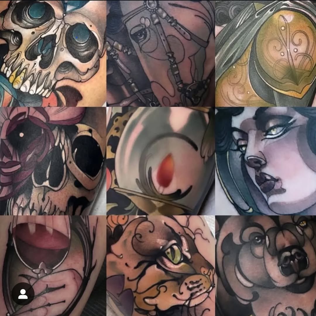 Portfolio grid showing nine colorful tattoos featuring skulls, weapons, ornamental designs, faces, and abstract elements in various body placements.