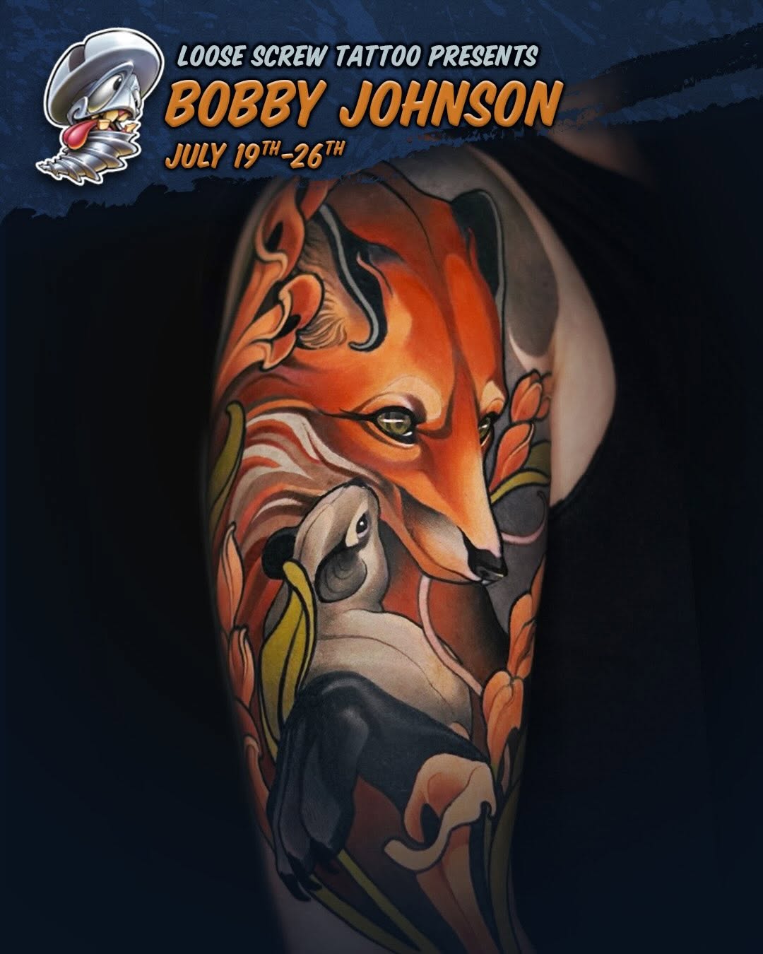 Colorful fox head tattoo on upper arm featuring orange, red, yellow, and black shading with detailed facial features and decorative elements.
