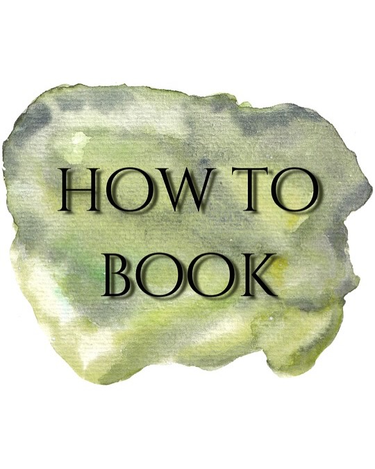 Green watercolor wash with centered black text reading "HOW TO BOOK" on an irregular organic shape.