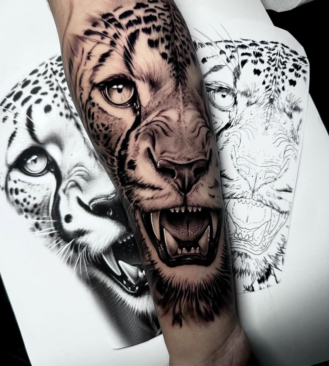 Three snow leopard head tattoos in varying detail levels wrapped around a forearm, featuring piercing eyes and spotted fur patterns in black and gray ink.