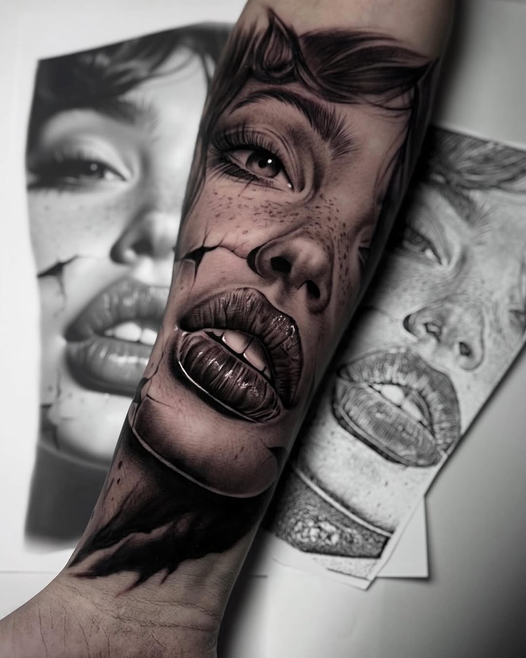 Detailed portrait tattoo on forearm featuring a woman's face with exaggerated features, shading, and line work in black and gray ink.
