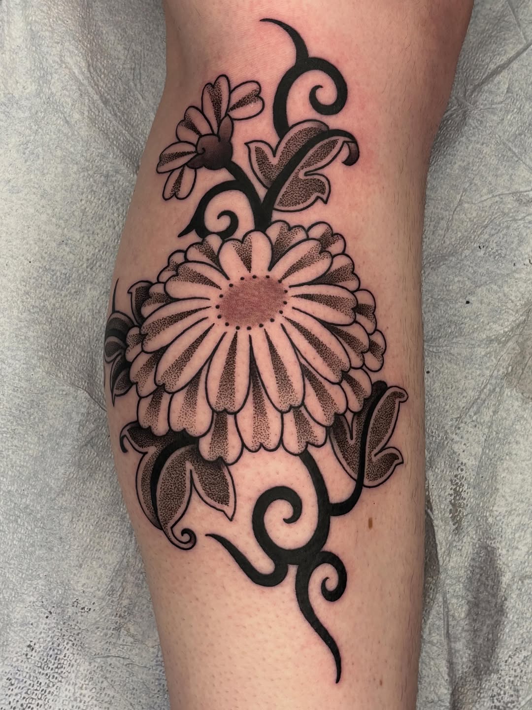 Daisy flower tattoo with ornamental scrollwork and dotted shading on the calf, rendered in black and brown ink.