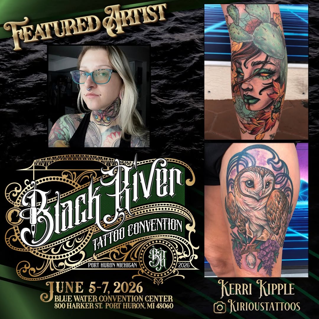 Featured tattoo artist Kerri Kipple displays colorful arm and leg tattoos including a woman's face, owl, and cactus with green, orange, and purple tones.