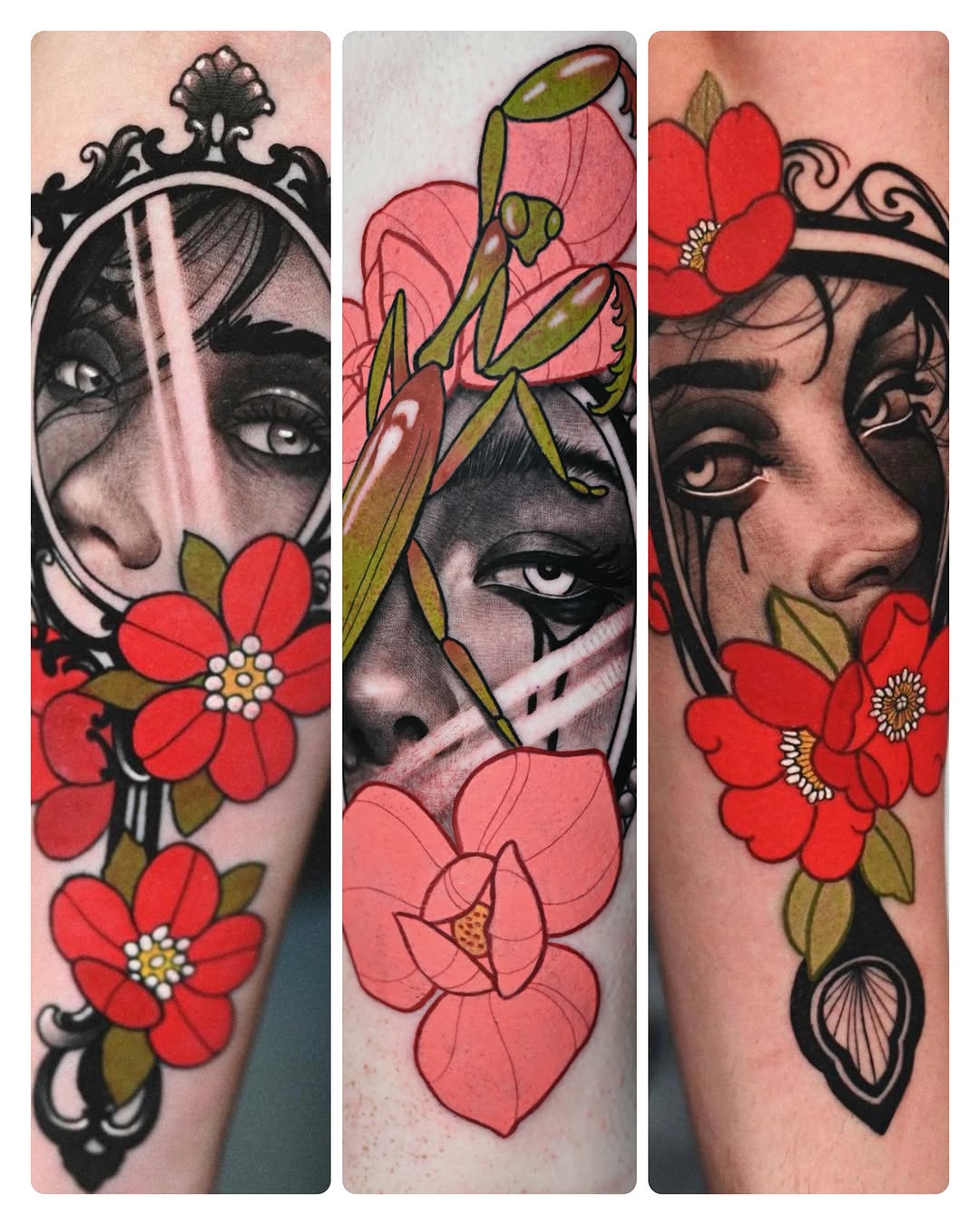 Three vertical panels showcase portrait tattoos with ornamental frames, red flowers, and botanical elements in red, green, black, and skin tone on arm placement.