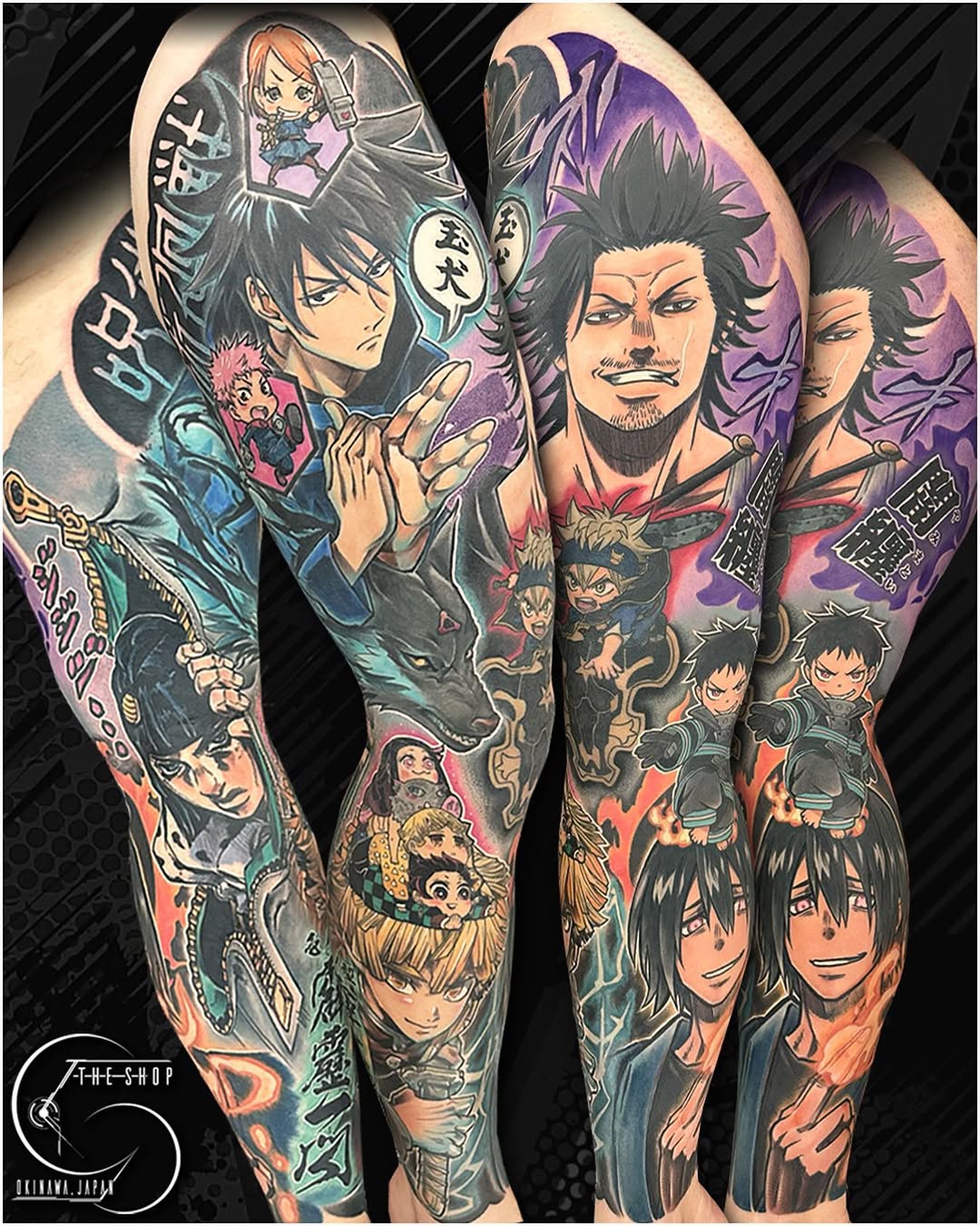Full-leg sleeve tattoos featuring multiple anime characters with purple and teal backgrounds, displayed on both legs from hip to ankle.