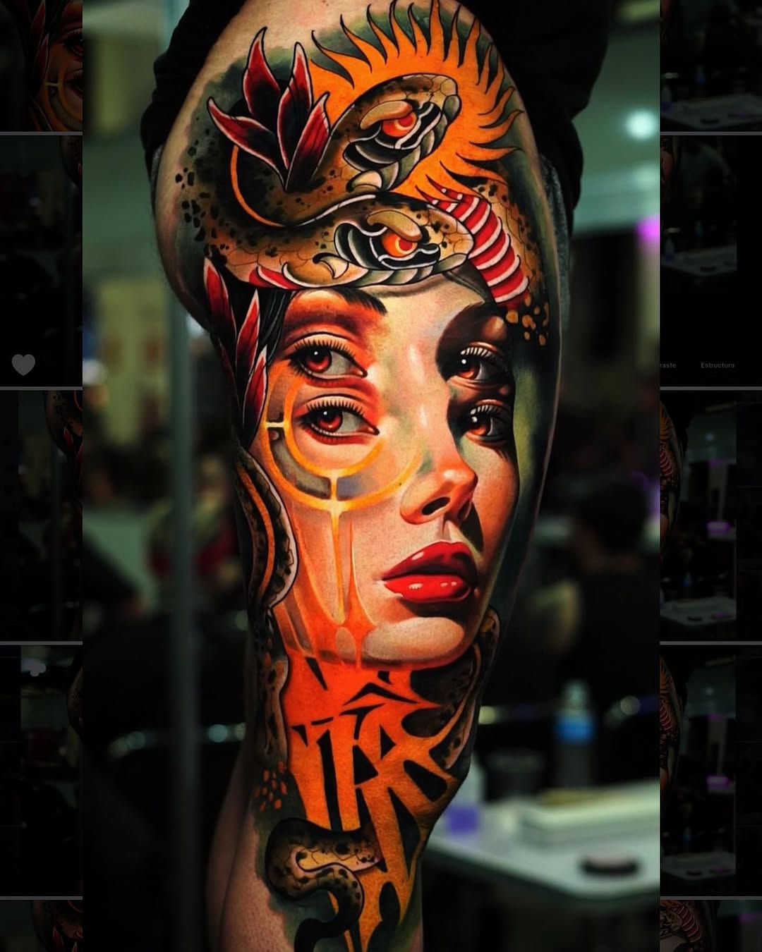 Colorful arm tattoo featuring a woman's face with red eyes, orange and black decorative elements, and a dragon with flame-like spikes positioned above her head.