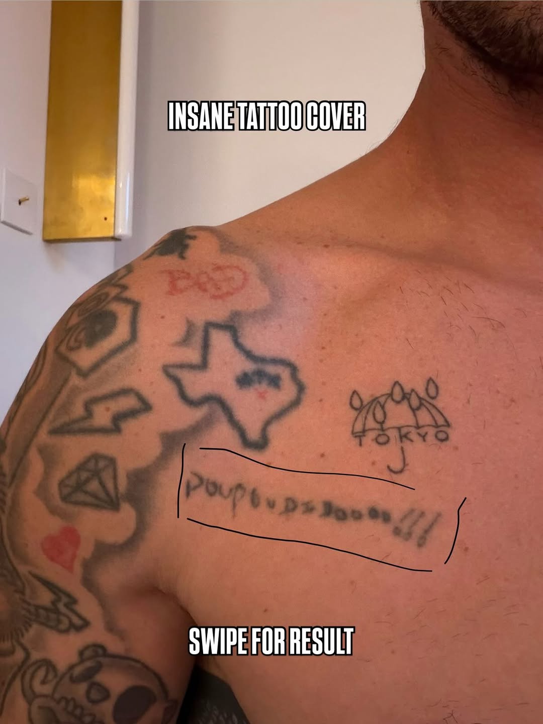 Shoulder tattoo featuring an umbrella with "TOKYO" text, a Texas outline, and decorative elements in black and red ink.