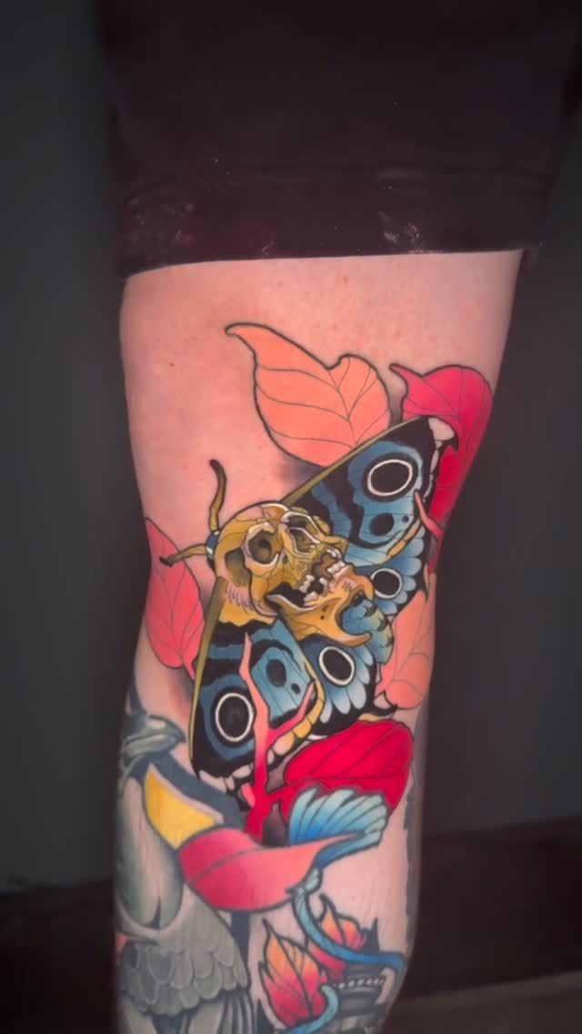 Colorful tattoo on a leg featuring a skull with a butterfly, red flowers, and blue-winged moth in vibrant reds, blues, yellows, and oranges.