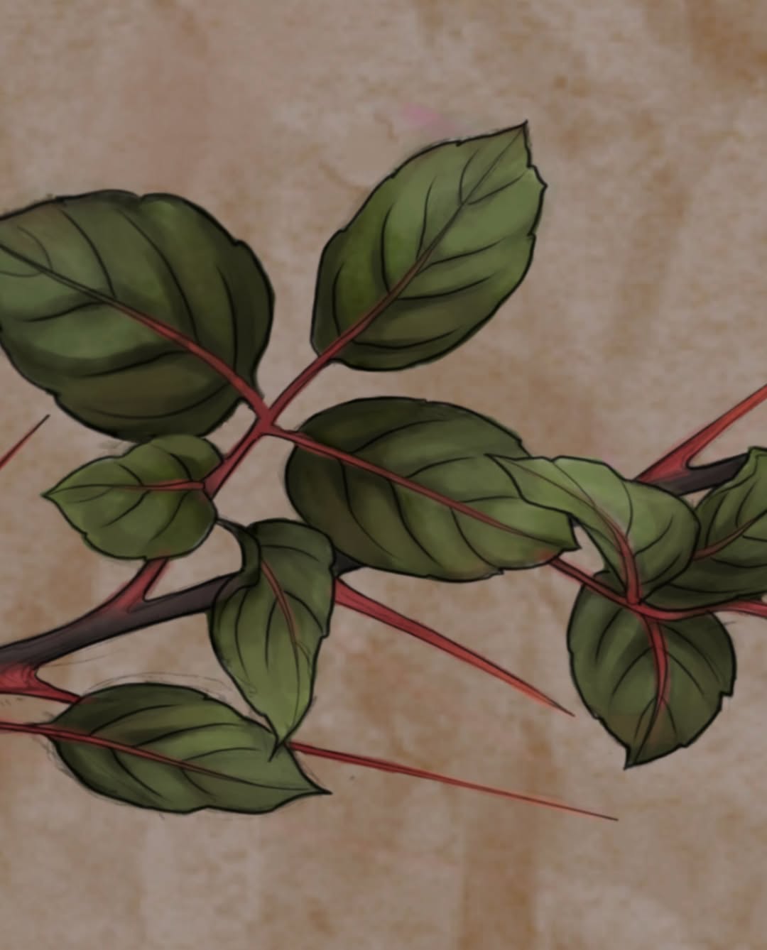 Botanical branch tattoo design featuring green leaves with red veins on red stems against a tan textured background.