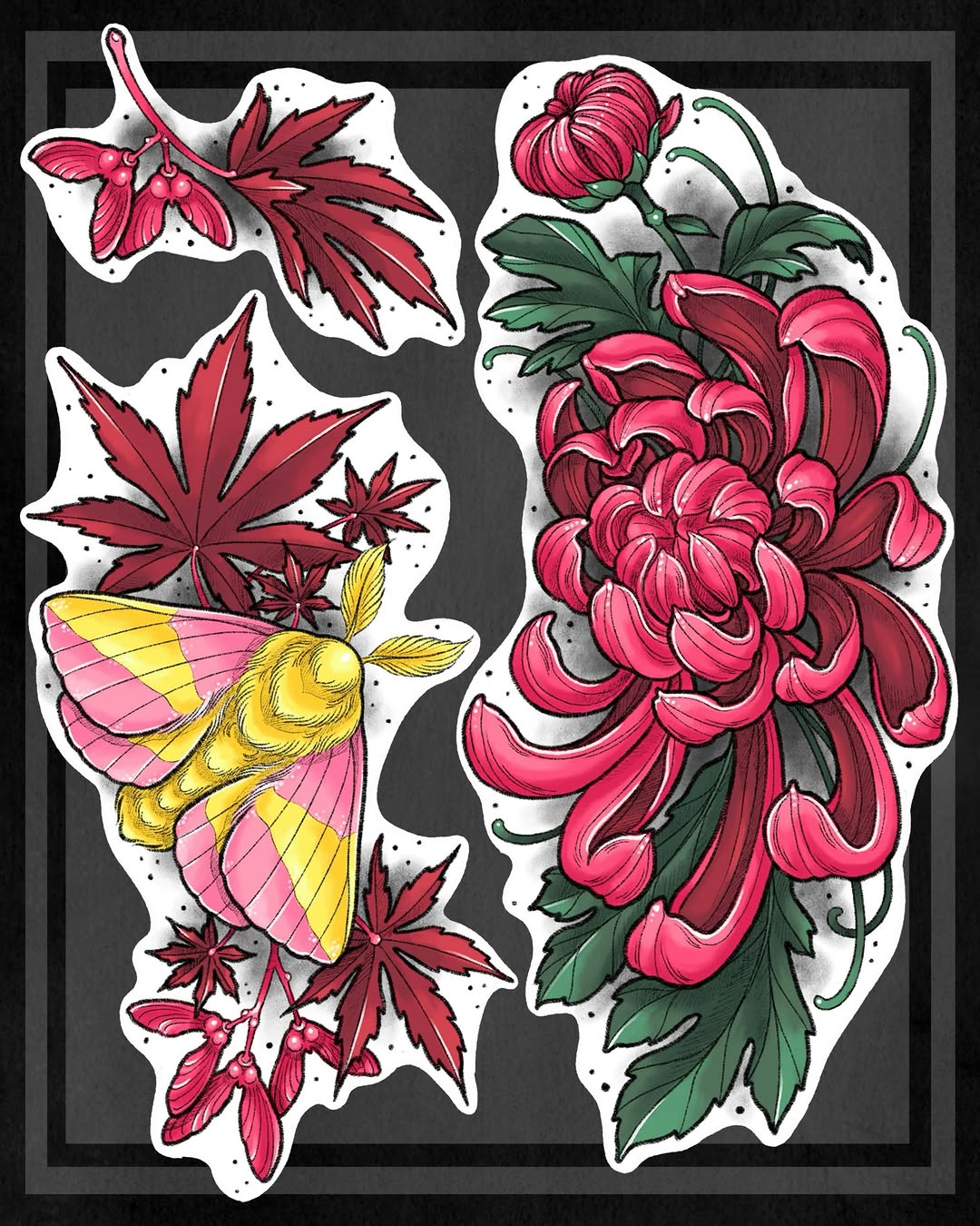Two botanical sticker designs featuring red flowers, green foliage, a pink and yellow butterfly, and decorative white borders on a dark background.