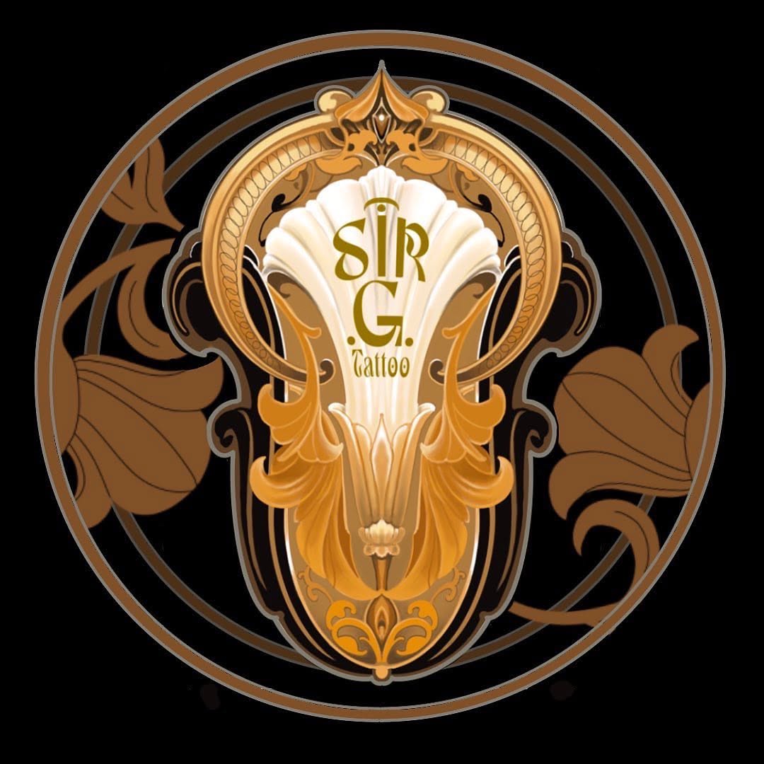 Ornate bull skull with golden horns and decorative filigree framing, featuring cream and brown tones in a circular design with "SIR G tattoo" text.