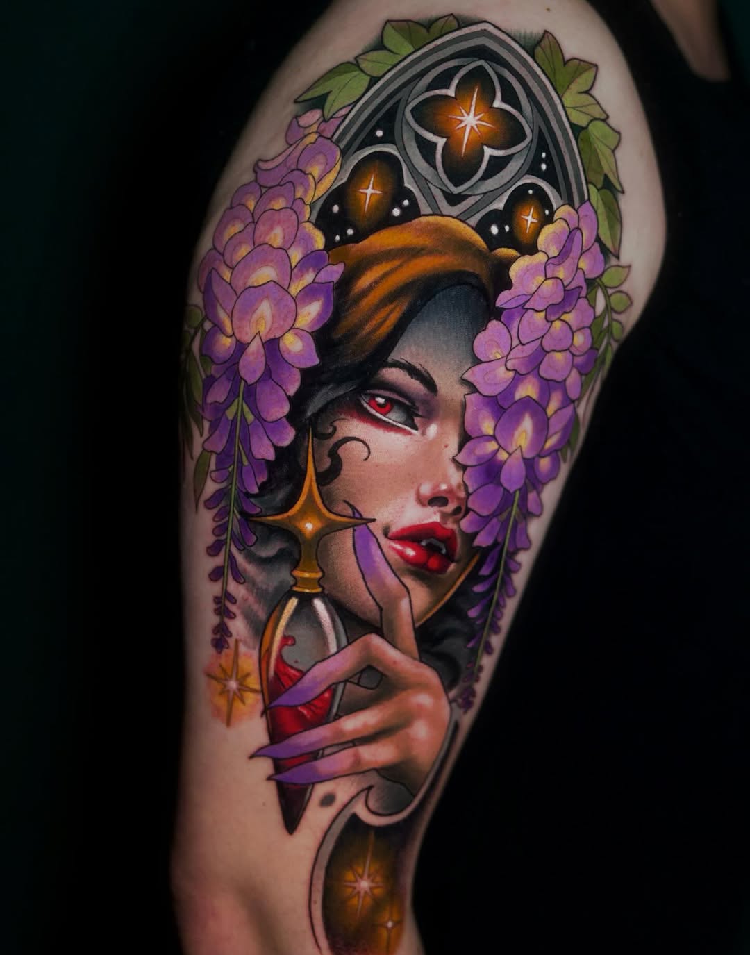 Portrait of a woman with purple wisteria flowers, gold religious symbols, and glowing orbs on the upper arm in vibrant colors.