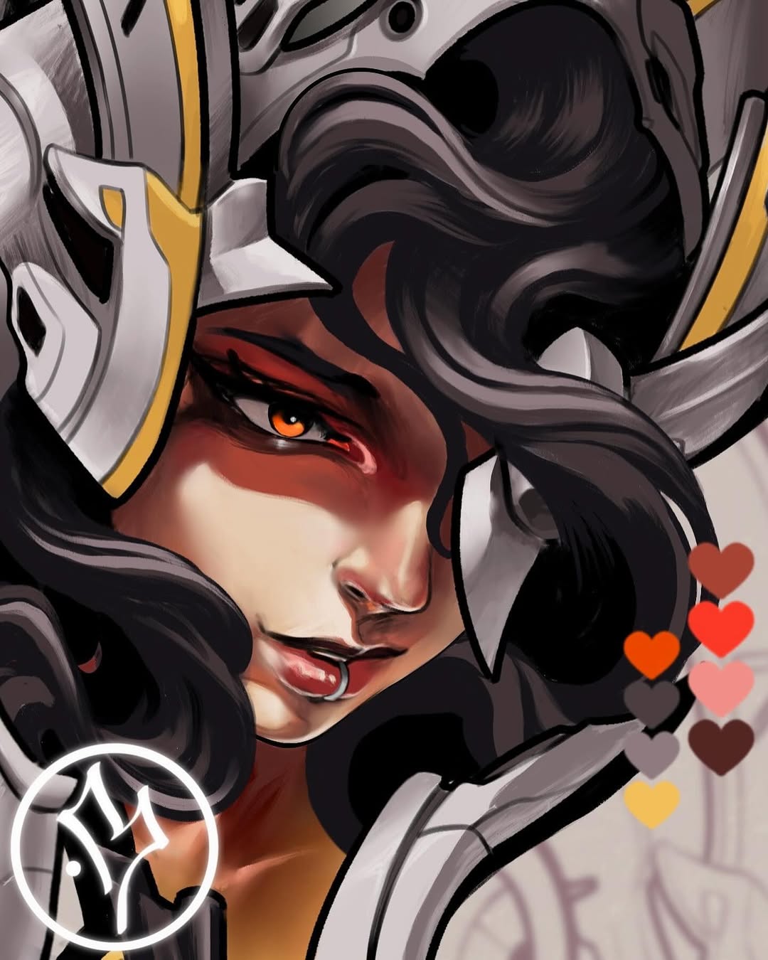 Portrait tattoo of a character with red face markings, black flowing hair, grey and white horned headpiece with gold accents, and orange eyes.