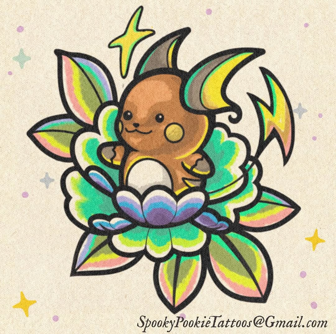 Brown creature with yellow horns and green wings sitting on a rainbow-striped flower, surrounded by purple dots and gold stars on cream background.