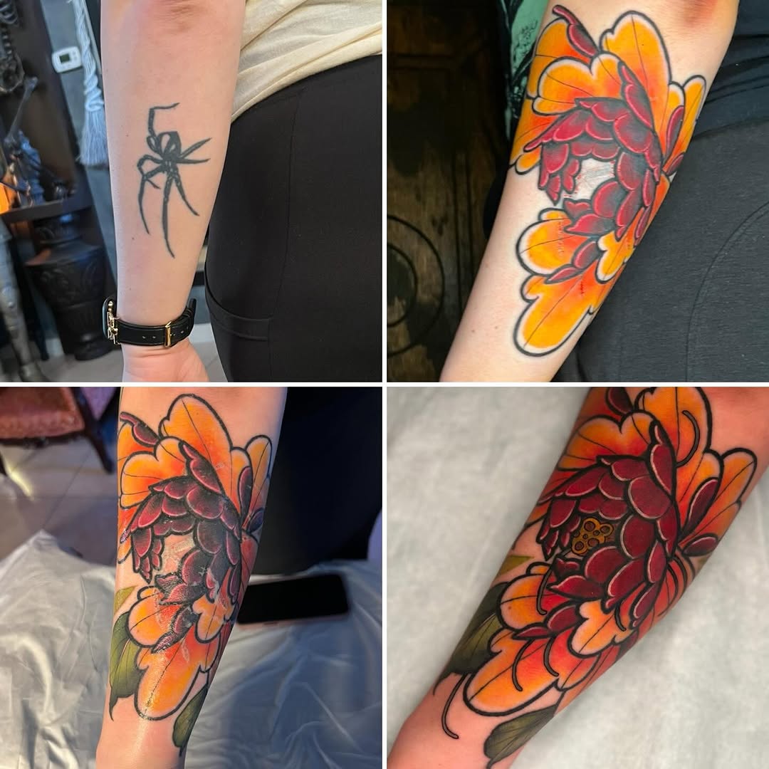 Portfolio showing progression of a colorful butterfly and pinecone tattoo on the forearm, featuring orange wings, red scales, and green details.
