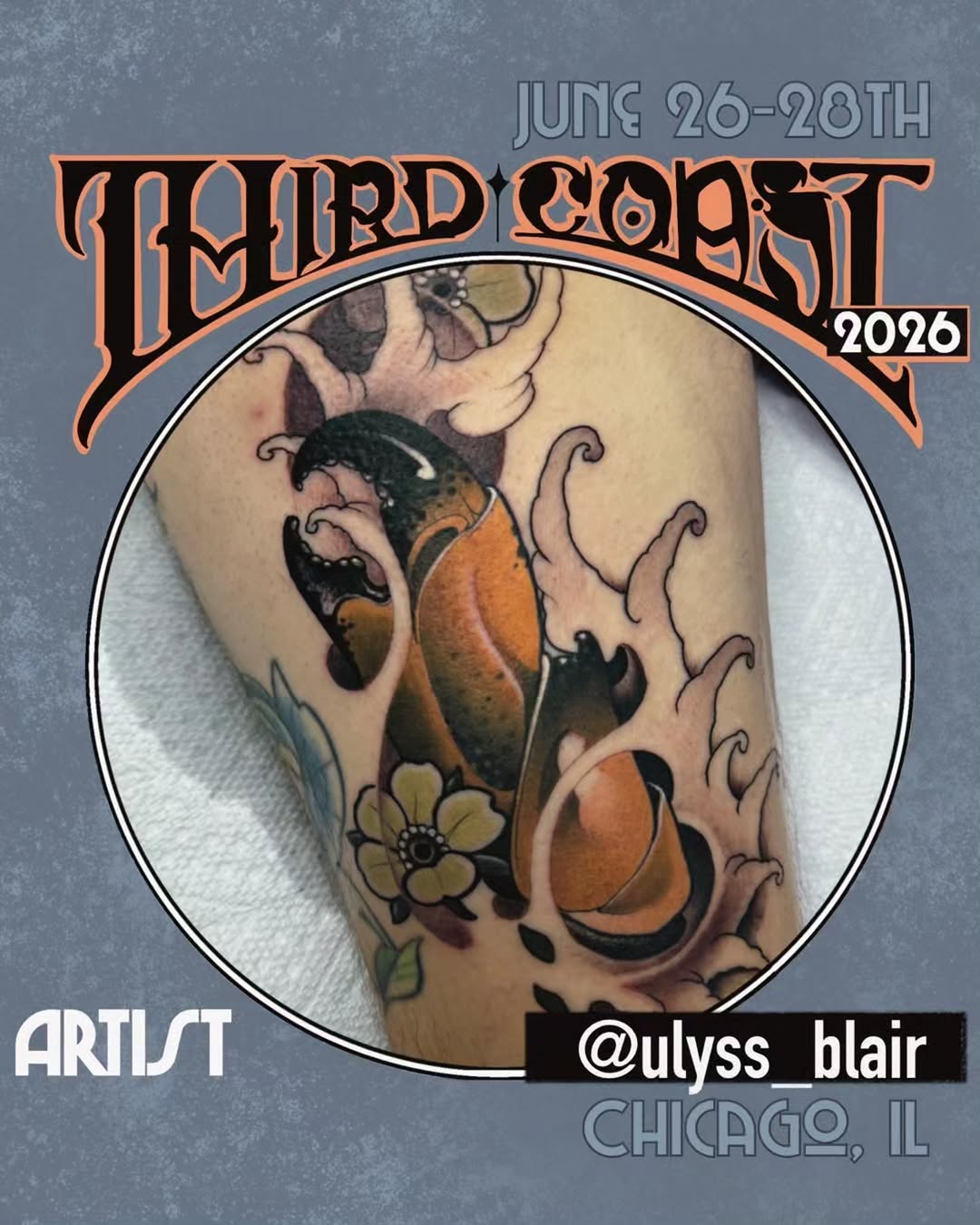 Colorful leg tattoo featuring two cats with orange and black coloring, curling vines, and a yellow flower by artist Ulyss Blair.